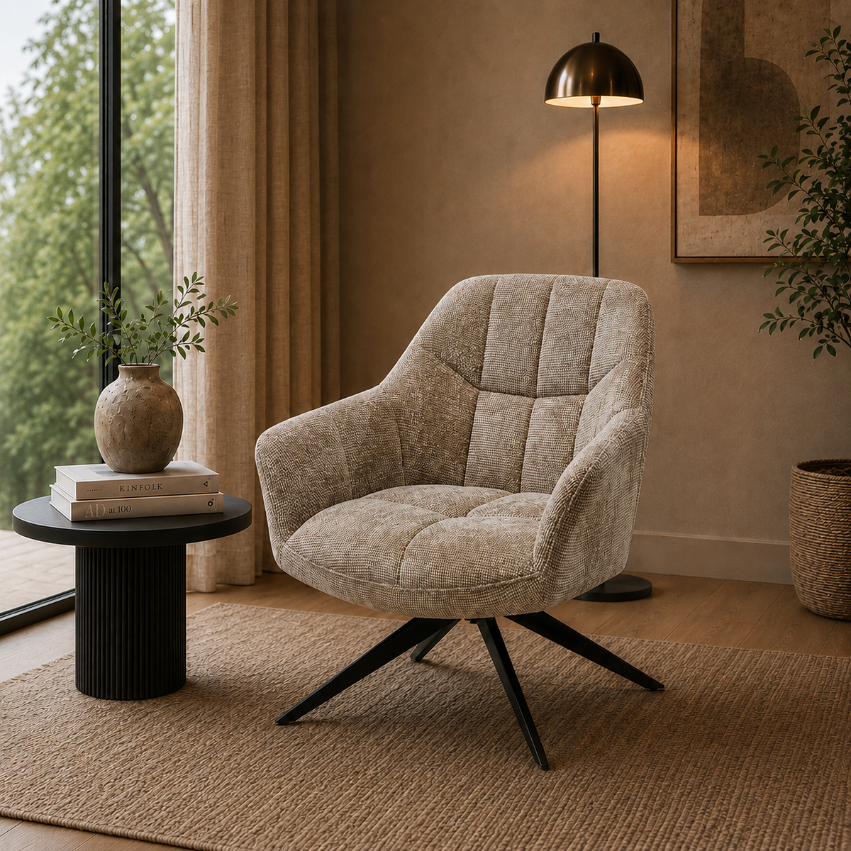 Fauteuil Amy – Luxe Draaibare Loungestoel – Polyester Stof – 360° Draaibaar