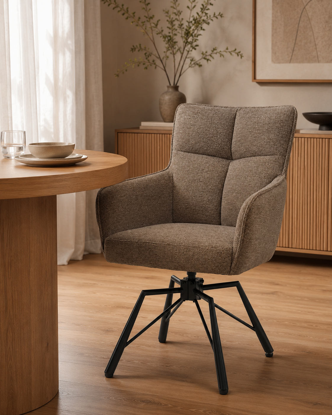 Eetkamerstoel Nohr – Luxe Draaibare Armstoel – Raven Stof – Auto Return